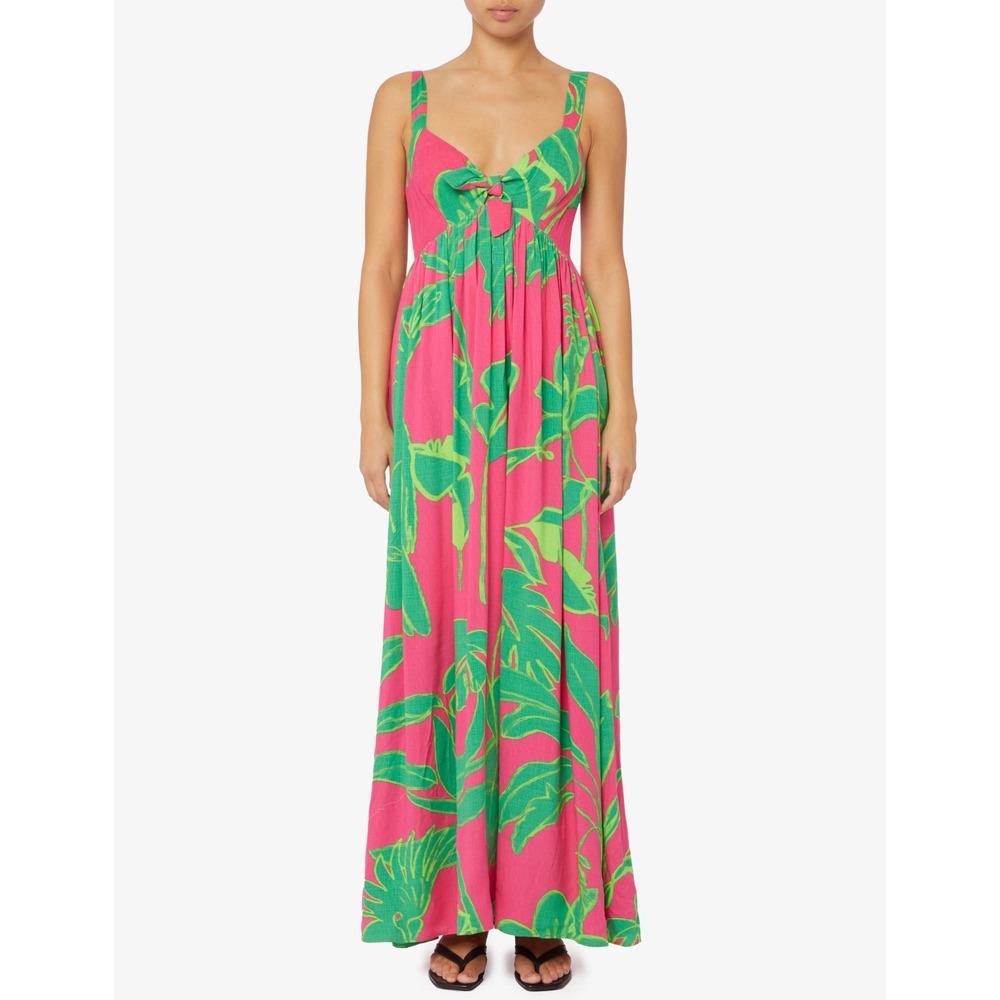 Desigual Pink Green Tropical Leaf Print Maxi Dress Smocked Back Tie Front M